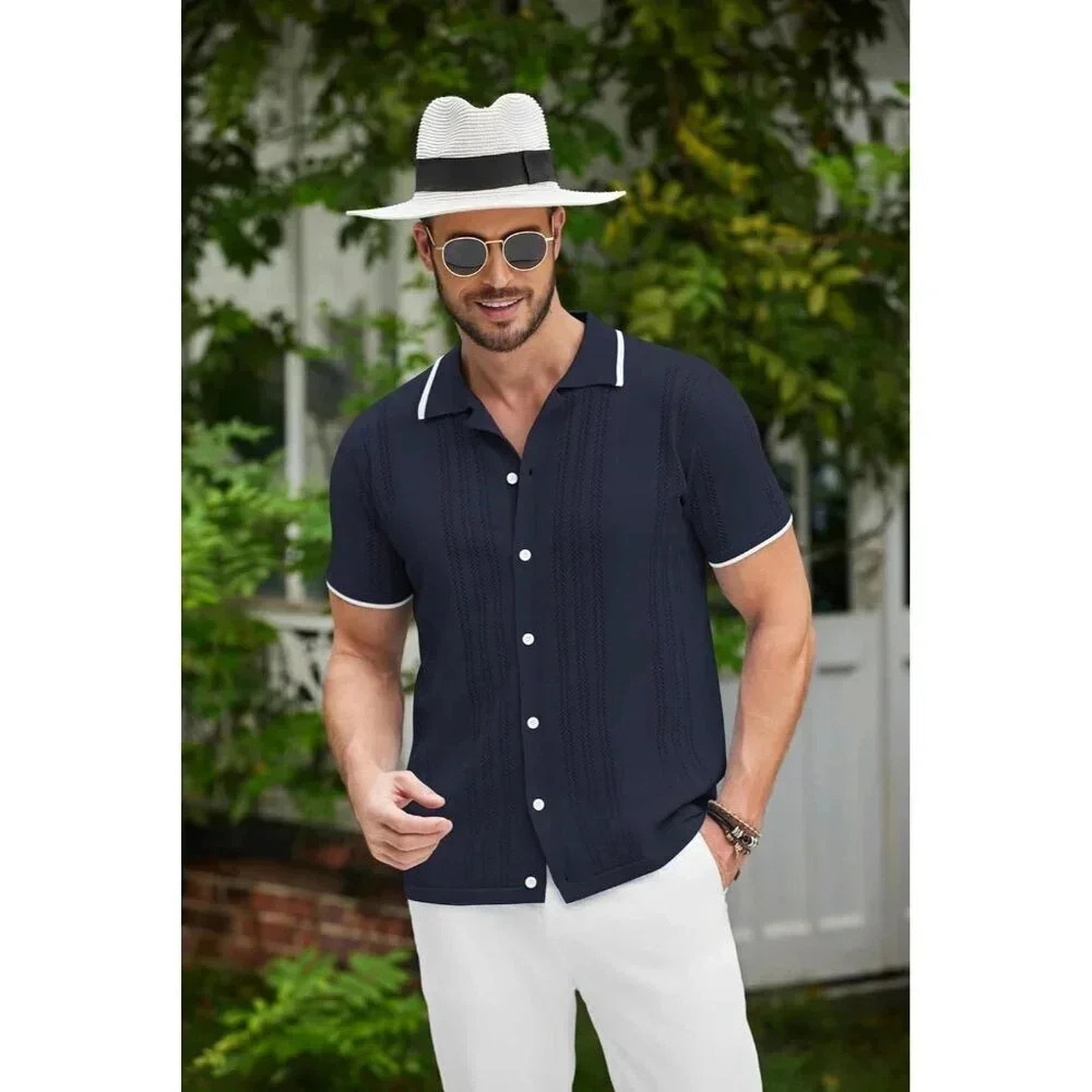 ❤️Men's Blue Button Down Shirt Vintage Short Sleeve Shirts Casual Beach Tops - Picture 3 of 6